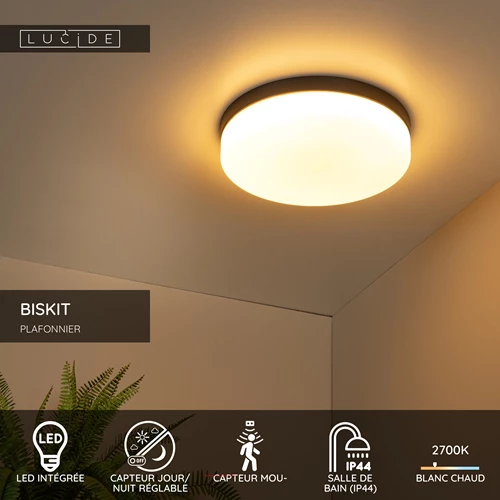 Lucide BISKIT - Plafonnier Salle de bains - Ø 34,5 cm - LED - 1x24W 2700K - IP44 - Détecteur De Mouvement - Noir - USP